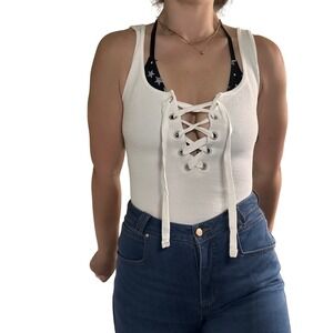 Forever 21 White Ribbed Knit Lace Up‎ Bodysuit Tank Top Casual